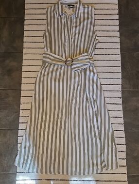 Summertime & Mojitos.  Tahari Woman Olive & White Vertical Stripe Shirt. NEW